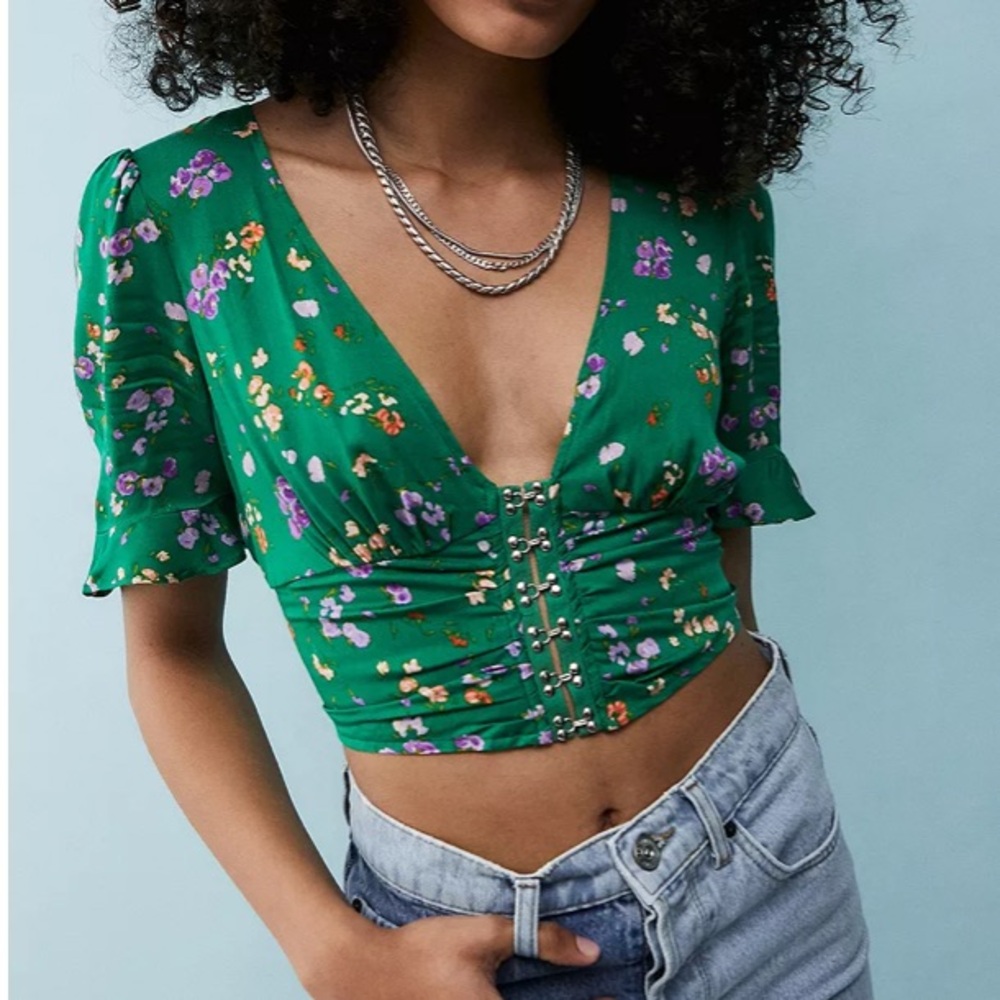 NWT • UO Melody Floral Print Hook-Front Blouse•